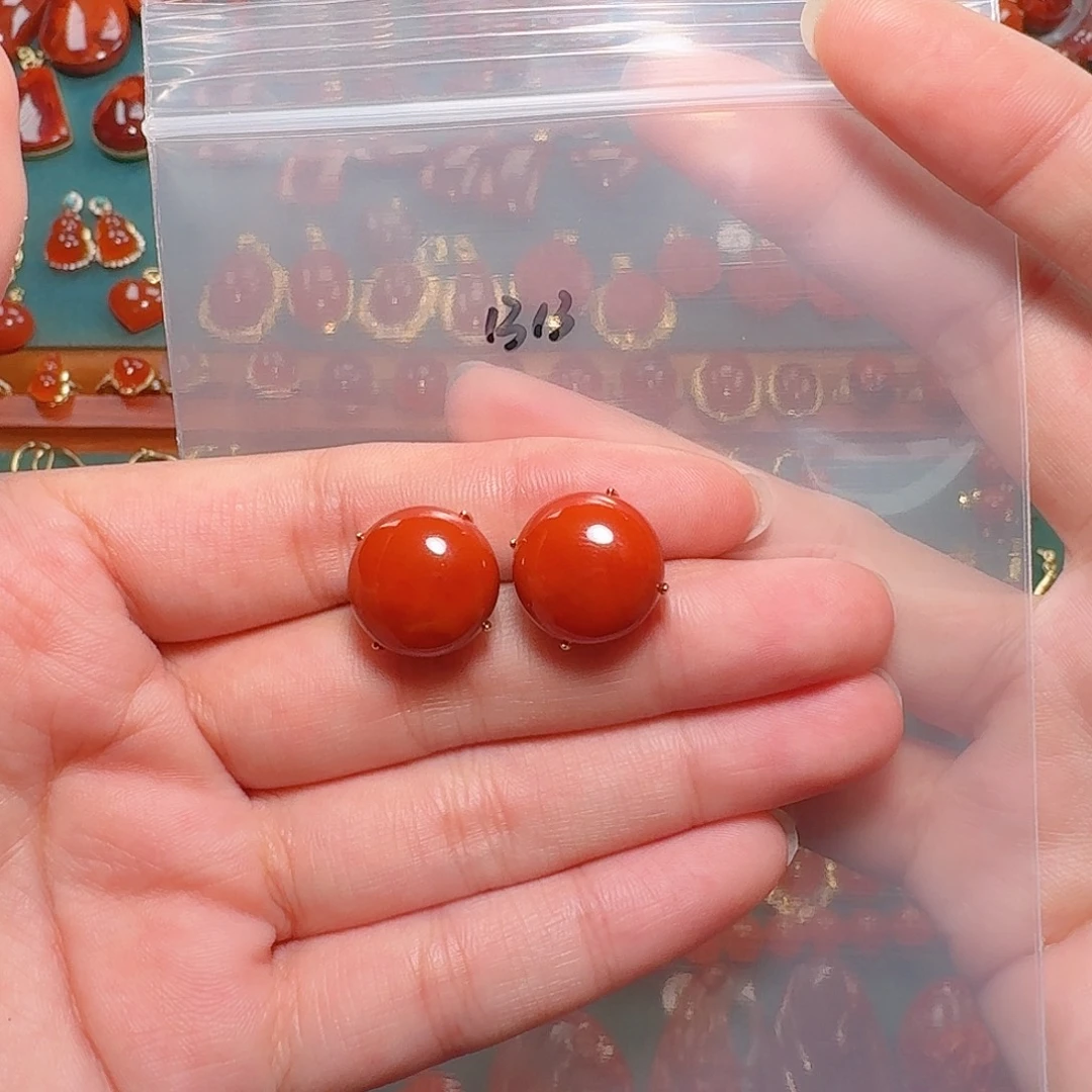 南红玛瑙银S925镶嵌耳饰14+