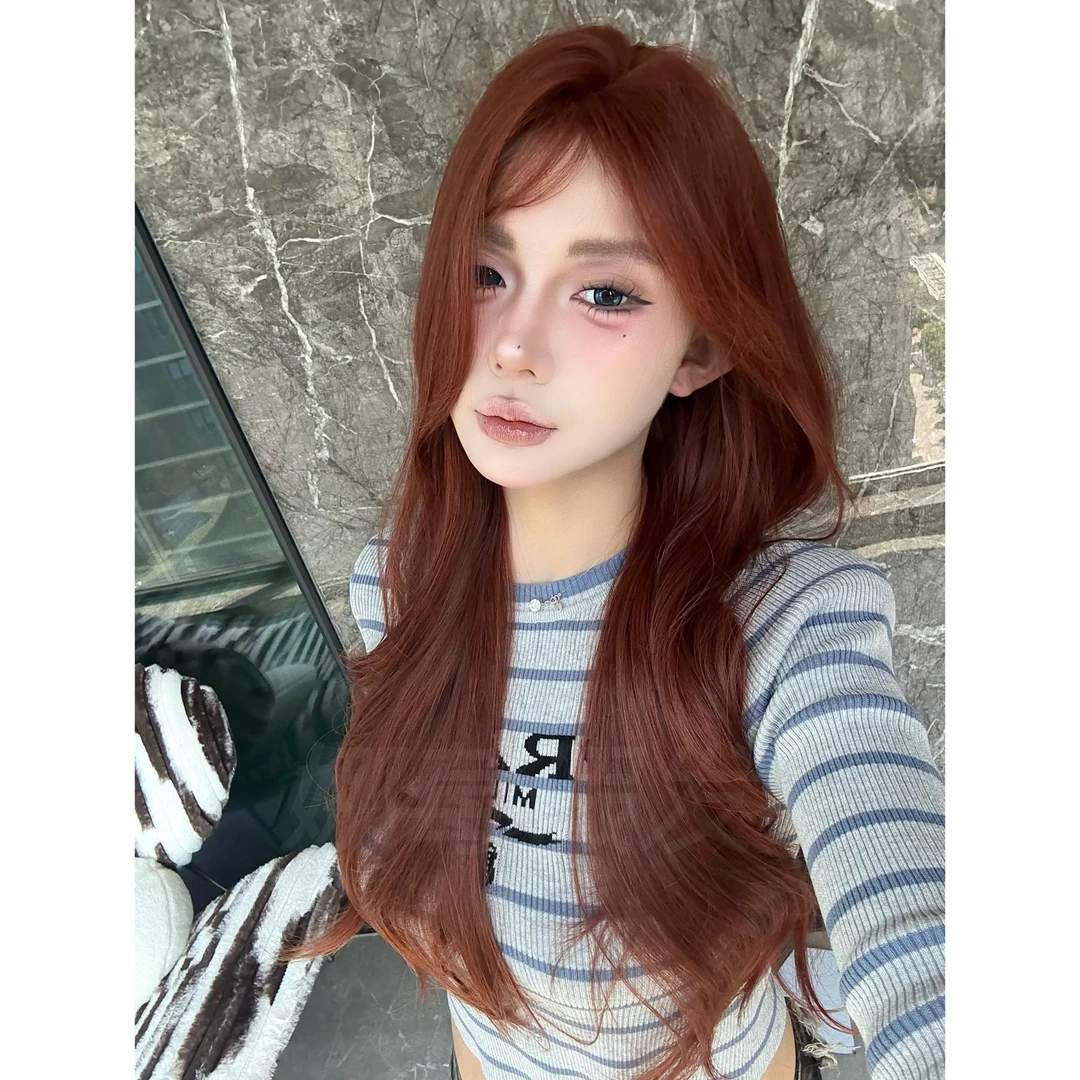 kuku【夏日橘红】橘红假发长卷发氛围感日常蕾丝网感女生全头套假发