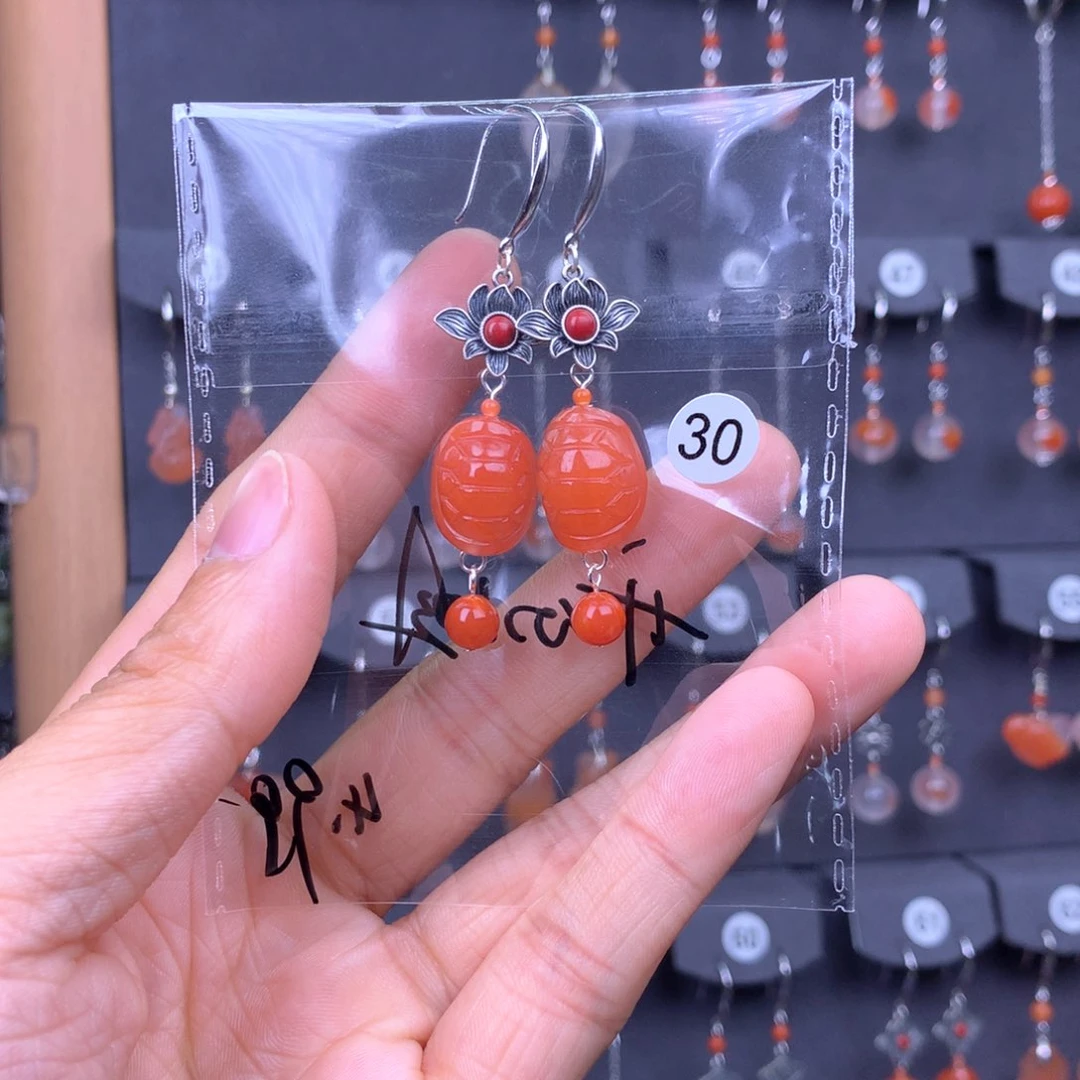 南红玛瑙耳饰银S925镶嵌U**心