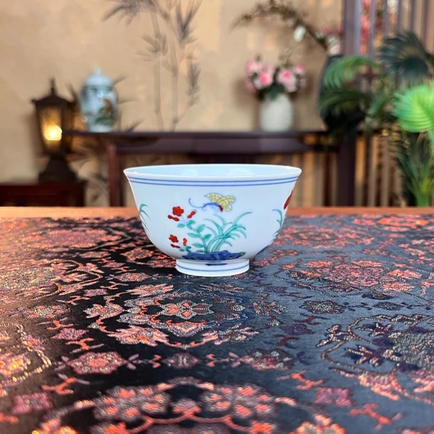 手绘青花斗彩蛱蝶主人杯品茗杯闻香杯功夫茶具茶杯