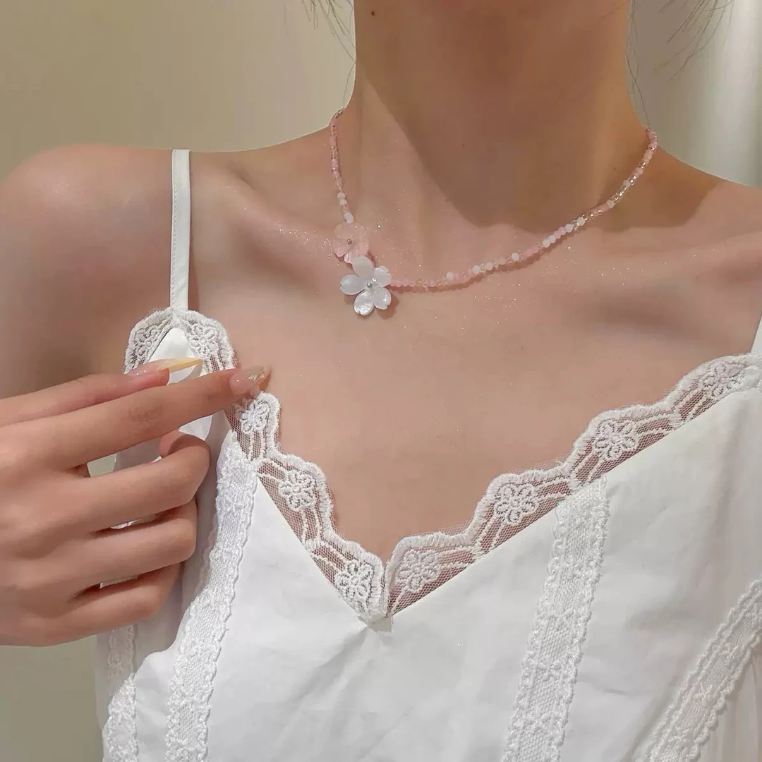 非金属仿水晶项链 轻氧夏日～花朵串珠锁骨链女小众甜美超仙小清新