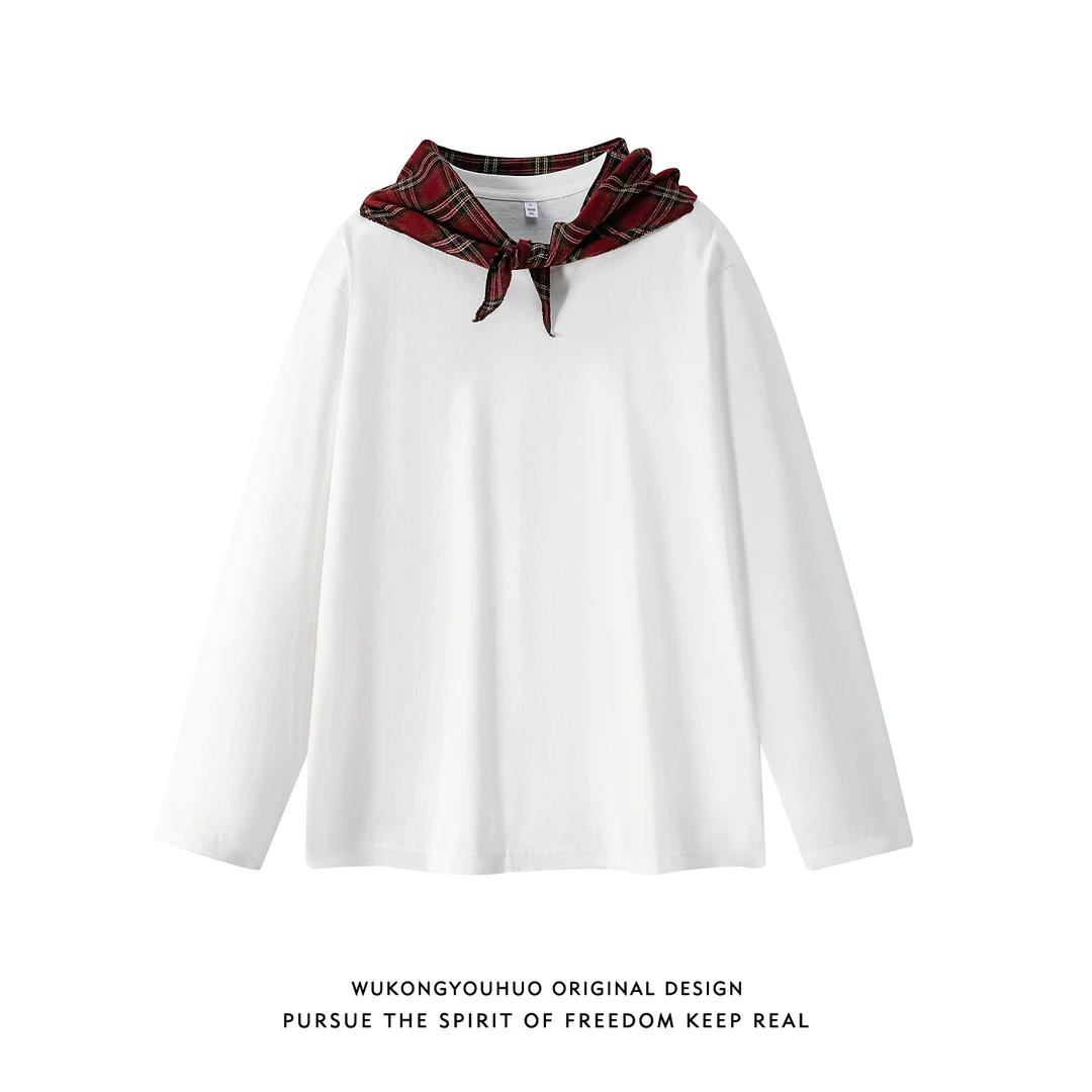 悟空有货潮牌秋季格纹领巾连帽长袖T恤男女美式宽松情侣百搭上衣