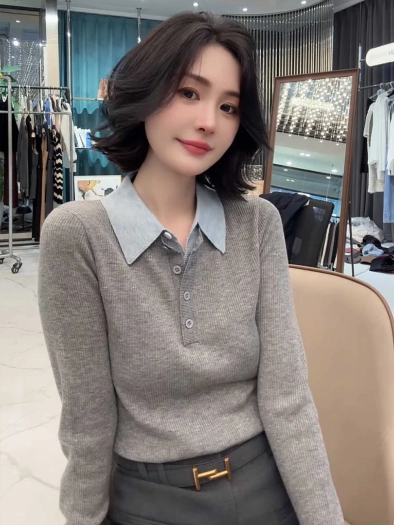 气质假两件拼接撞色翻领长袖针织衫早秋轻奢舒适通勤上衣A11091