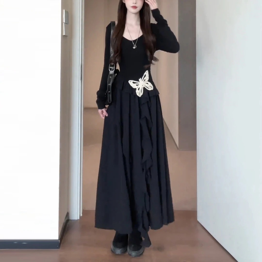 法式不规则蝴蝶黑色长袖连衣裙子女新款掐腰长裙早秋流行穿搭6394