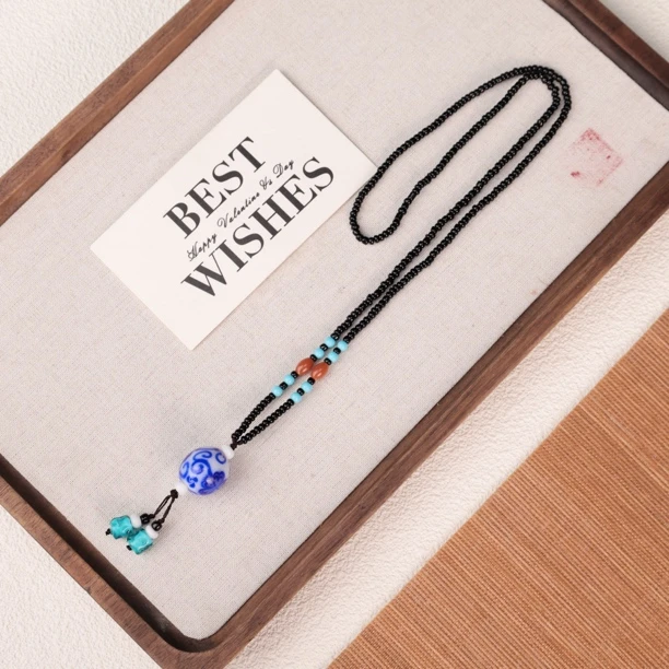 合金项链 LZ3271青花瓷缠枝莲纹单颗珠蓝色扭扭绳编琉璃项链