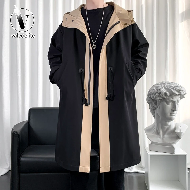 VALVOELITE英伦风衣男中长版拼色假两件大衣冬季加厚大衣韩系外套