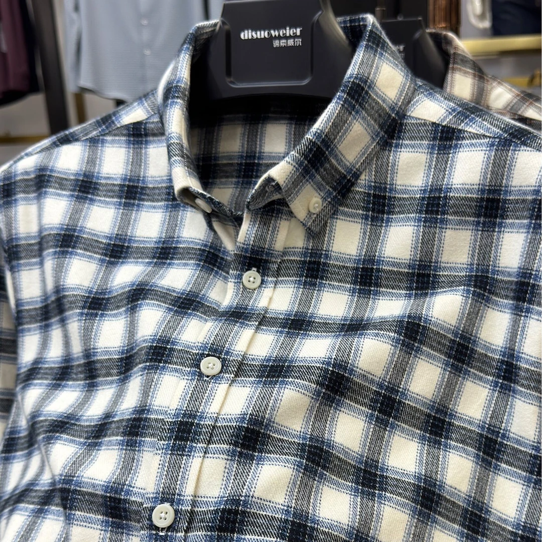 John Bunni100%纯棉格子磨毛男士长袖衬衫休闲商务秋冬季外搭