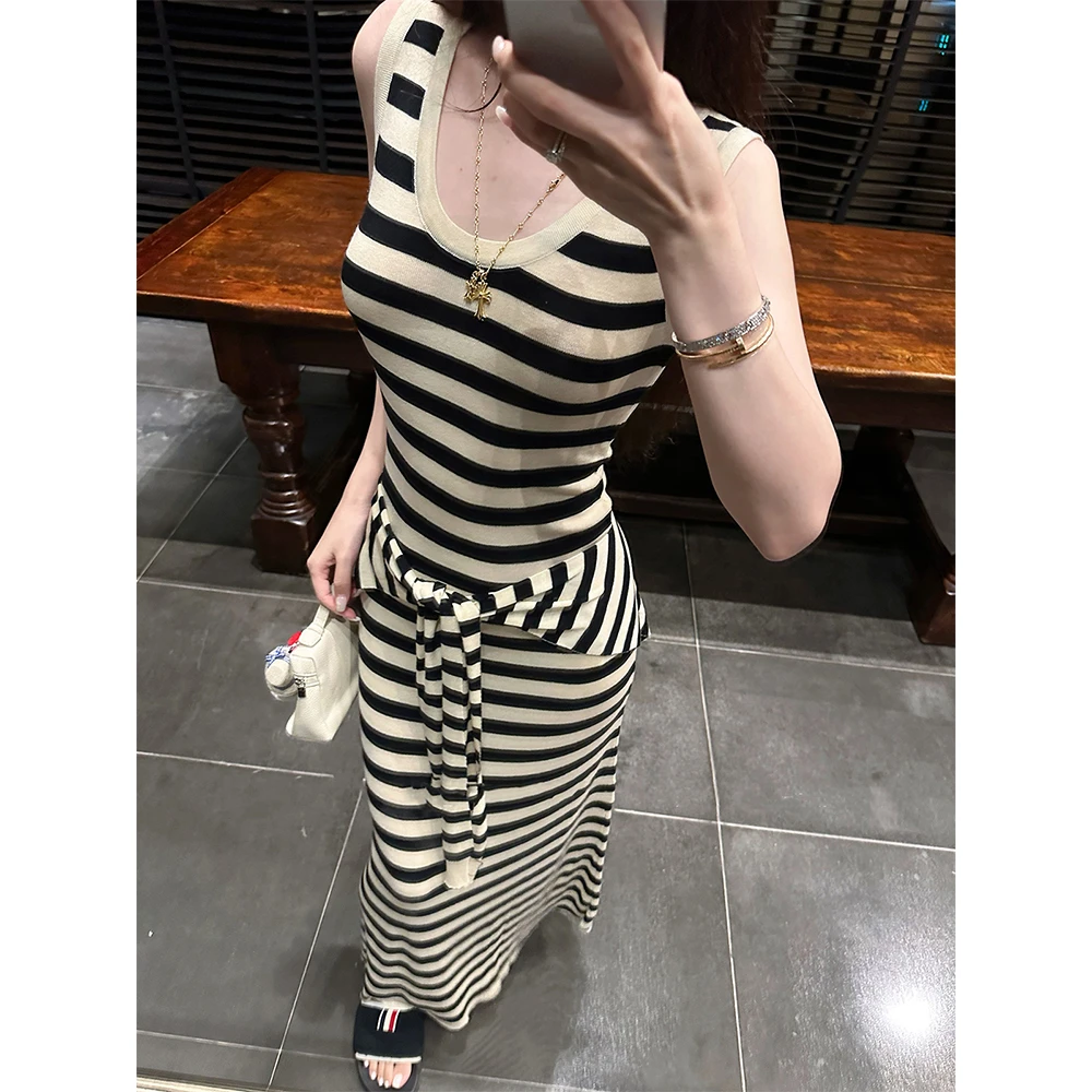 设计感条纹撞色无袖背心连衣裙夏法式收腰显瘦长裙披肩套装