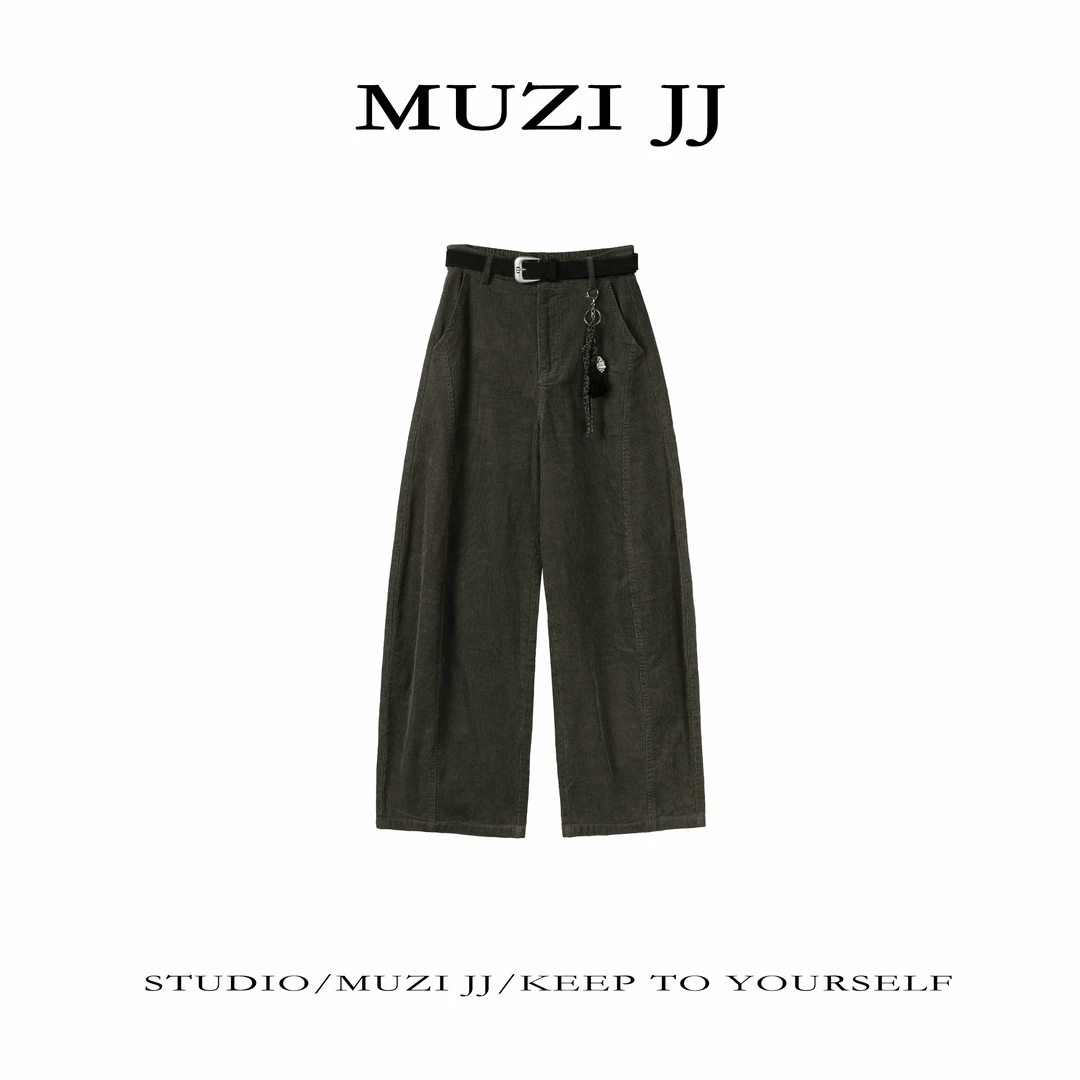 MUZI-51012#复古简约净色条绒百搭弯刀阔腿休闲裤