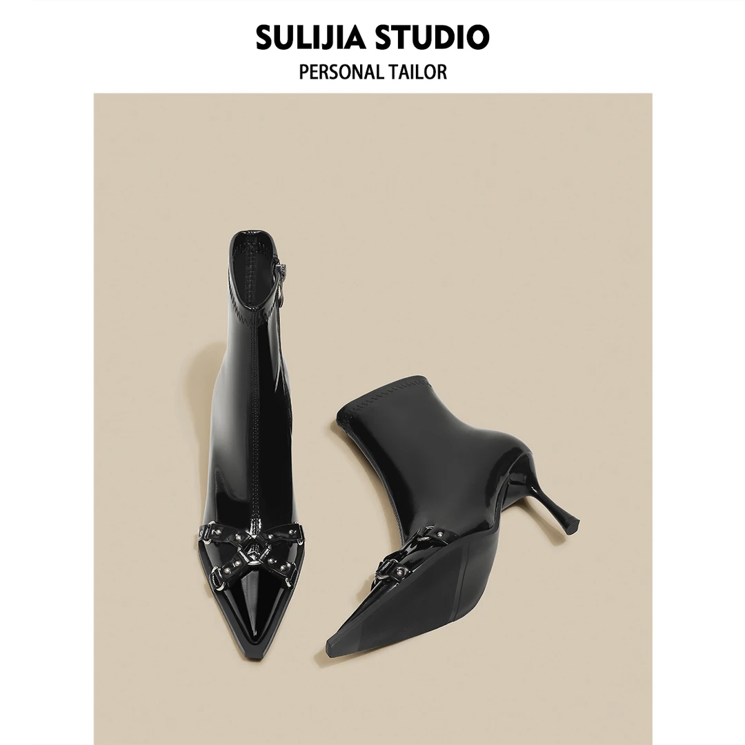 酥梨家 黑色尖头细跟短靴女法式气质高跟鞋瘦瘦靴子秋冬新款单靴