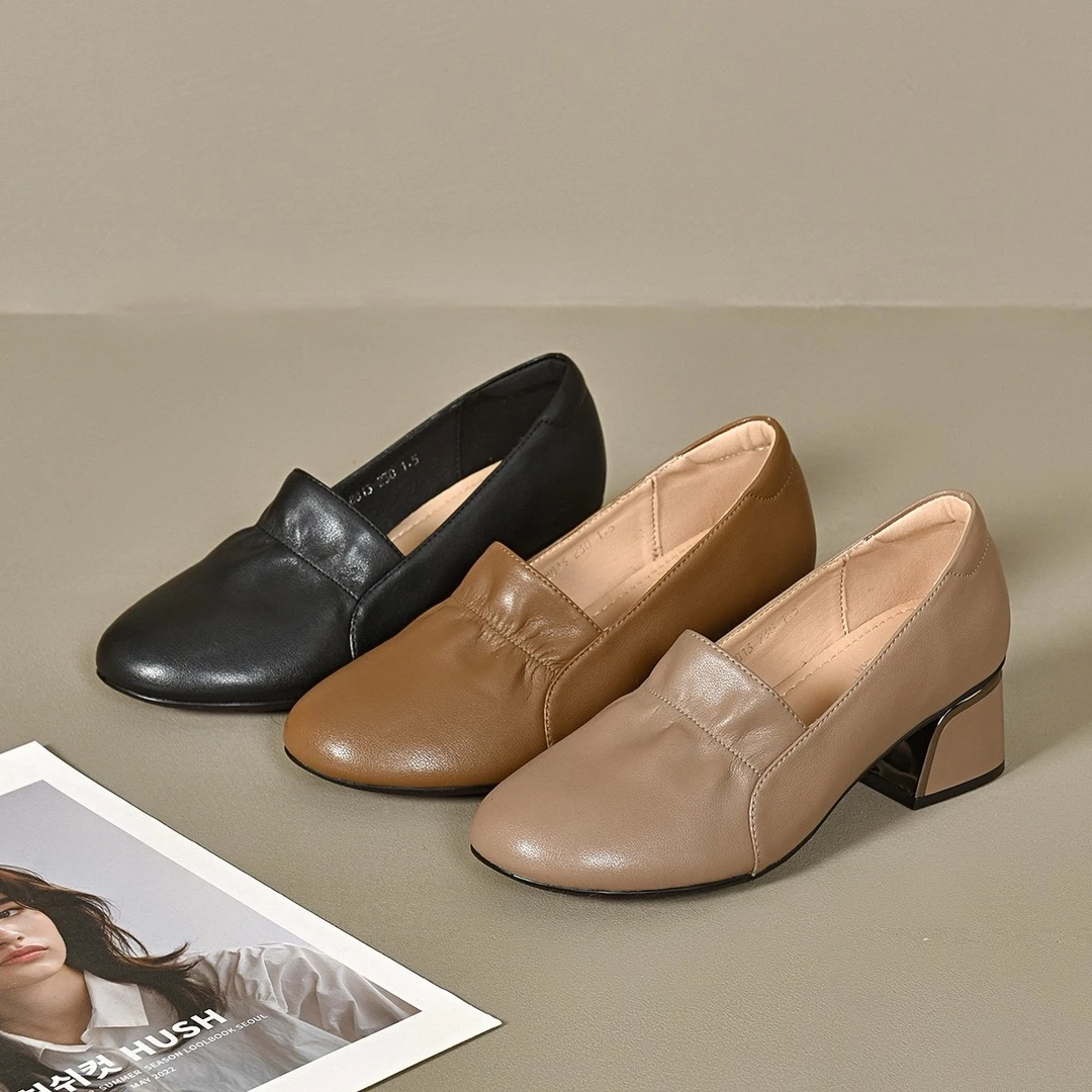 【工厂直销】2025新款春秋时尚舒适软底软面粗跟芒果头豆豆鞋