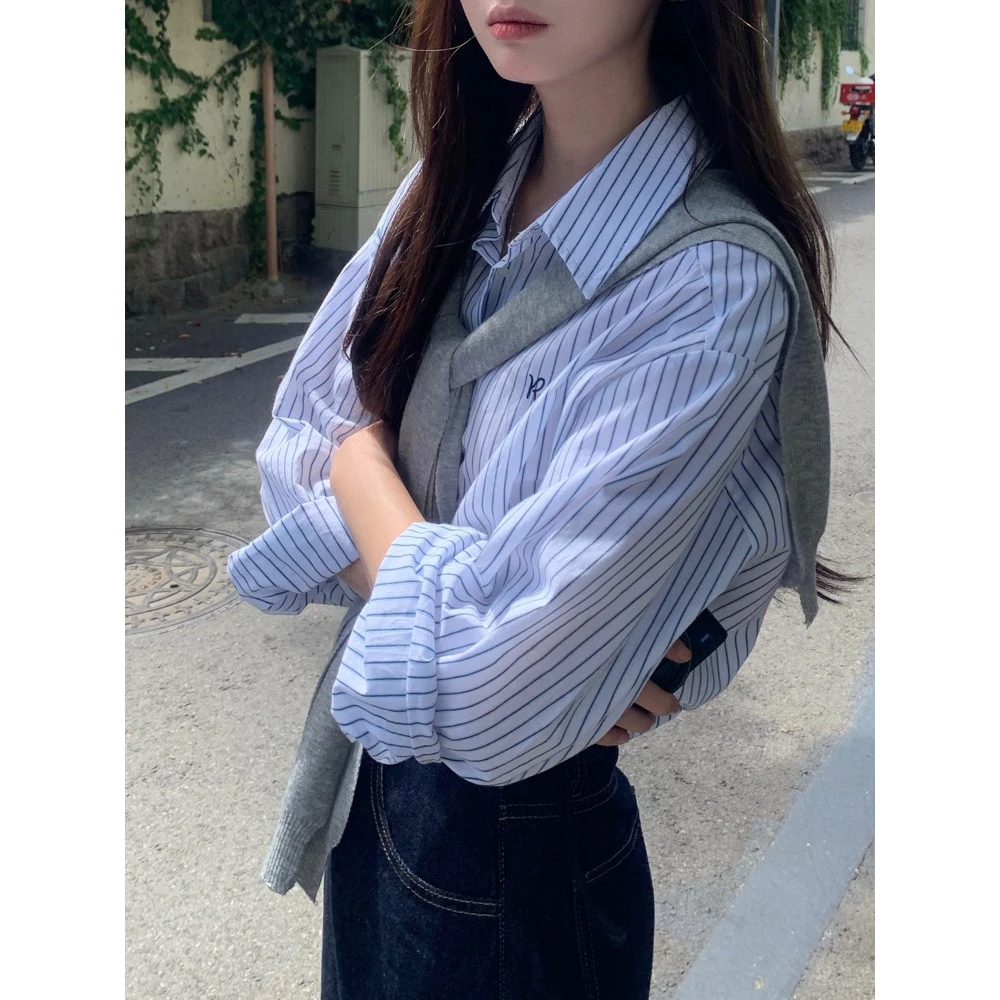 小众复古高级感长袖条纹衬衫女春季韩版宽松显瘦气质学院风衬衣