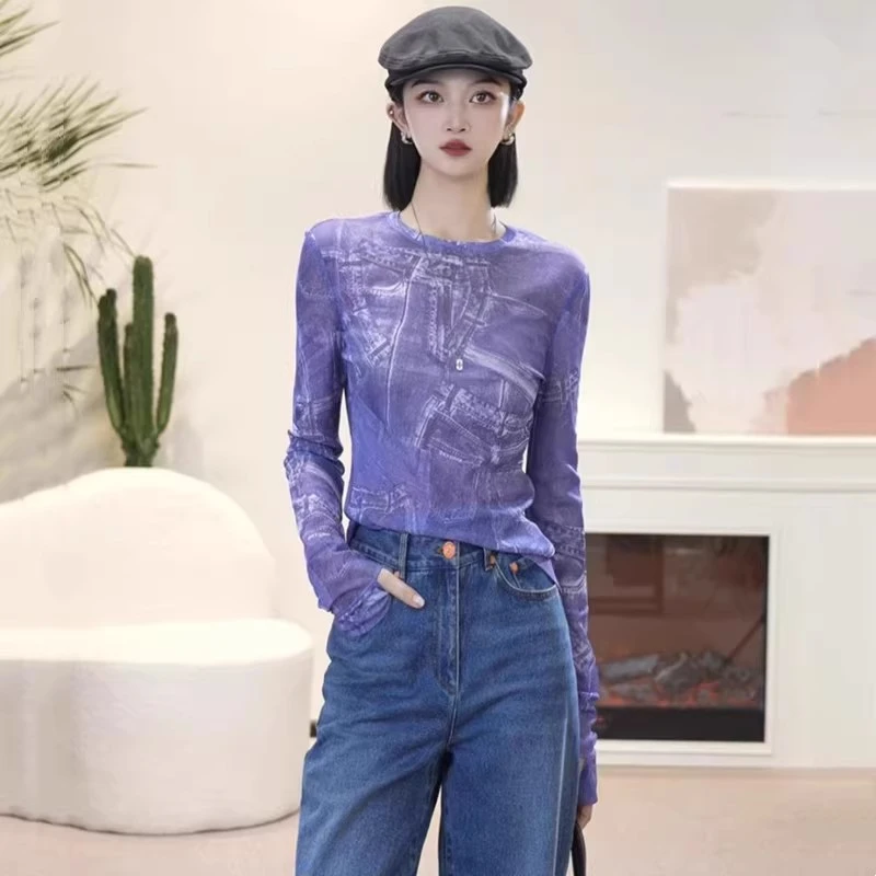 商场同款秋新品百搭圆领显瘦弹力透视长袖造型女打底衫T恤1300959