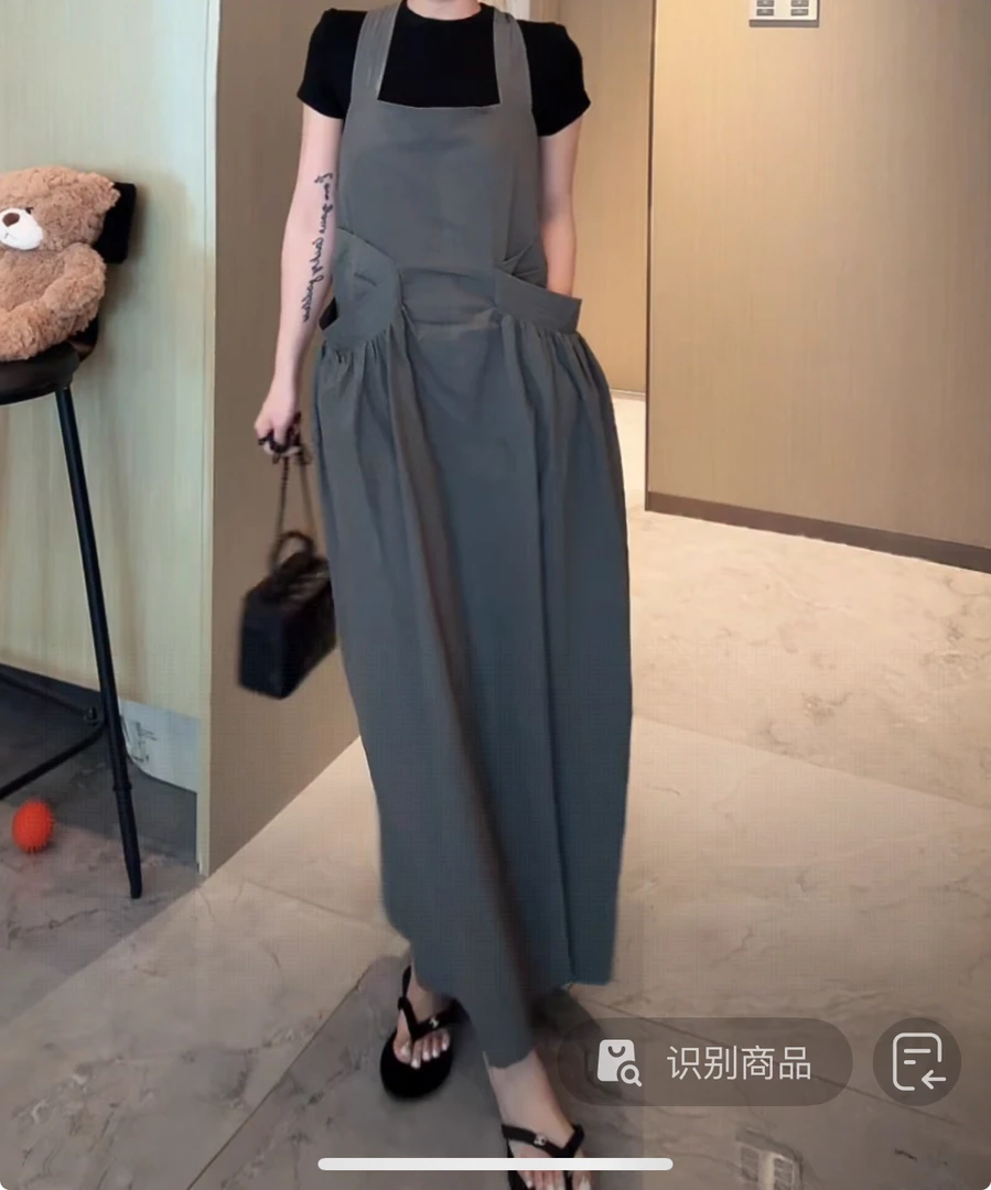 Dami灰绿色背带连衣裙女长款方领H形扭结无袖挂脖裙