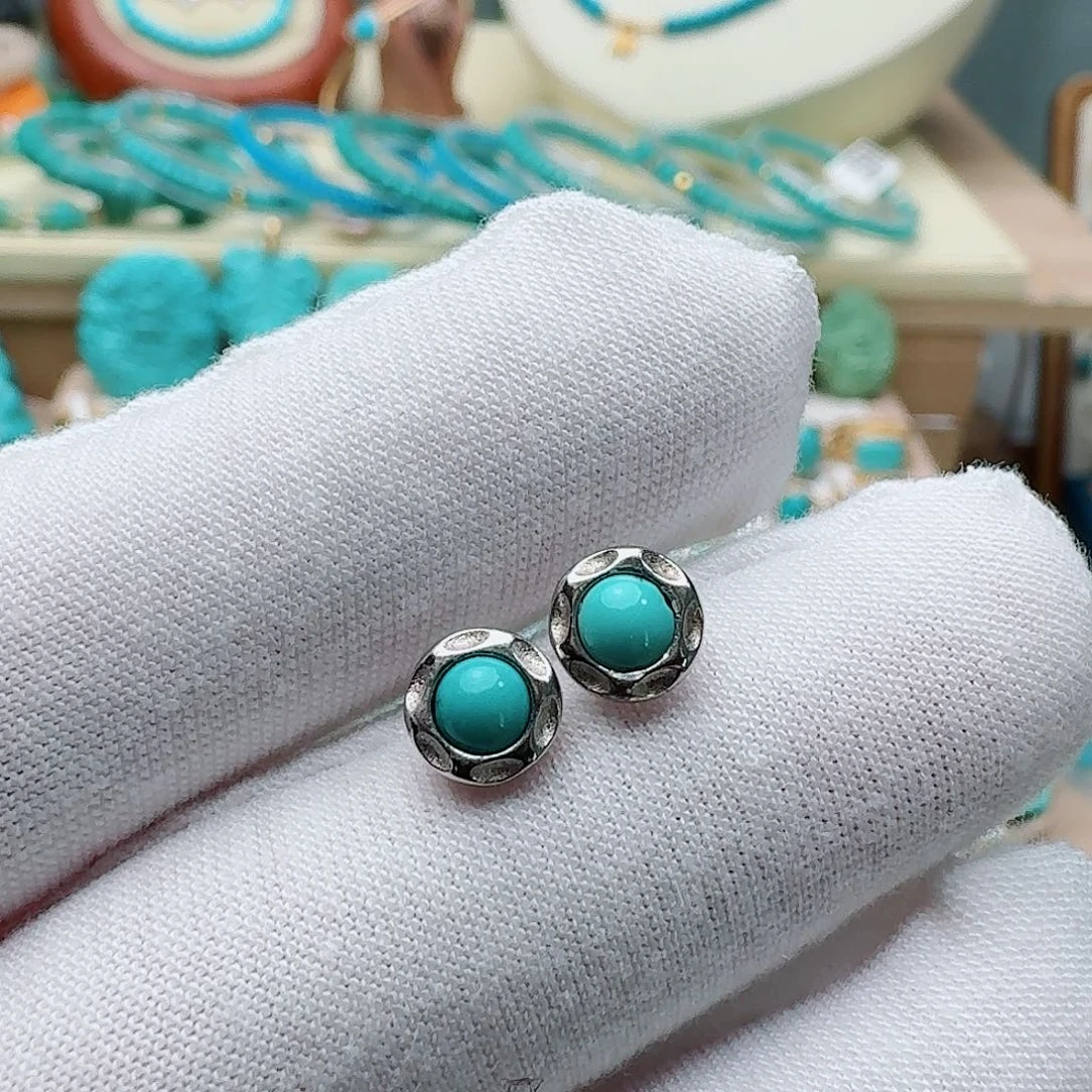 绿松石银S925镶嵌高瓷绿精品耳钉