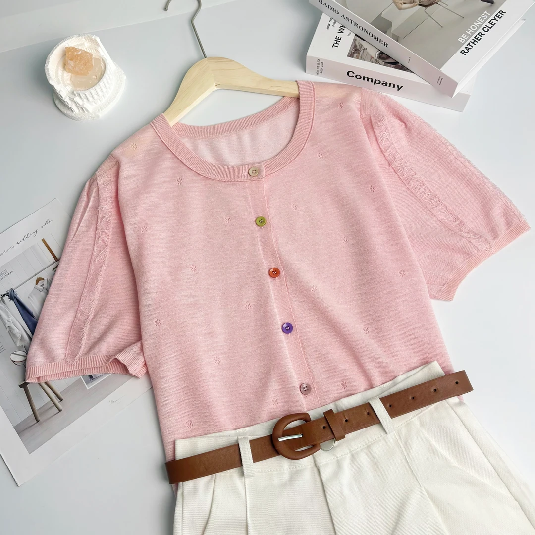 玲姐定制-微镂空薄款微透流苏袖设计感开衫针织短袖150821