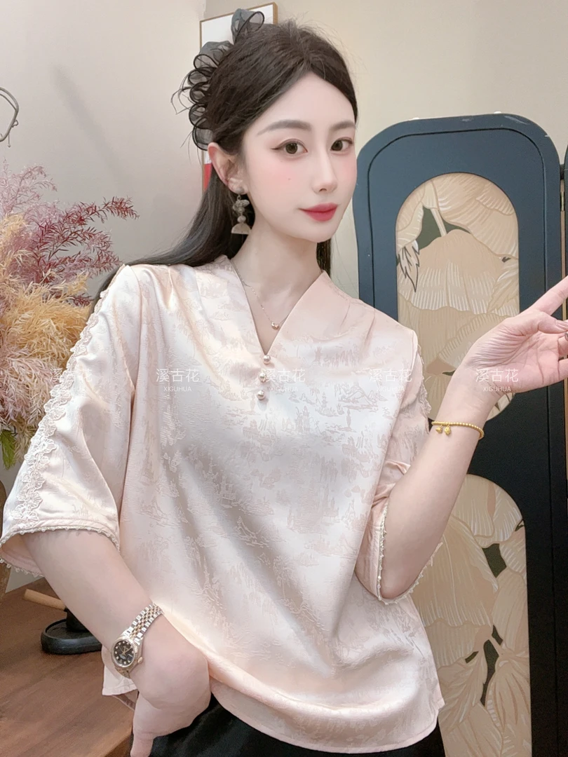 【江月诗】夏季V领时尚气质拼接短袖百搭显瘦新中式短袖女日常