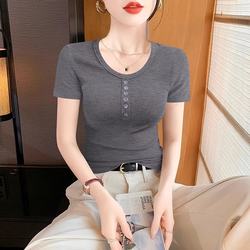 V领短袖t恤女夏季2025年新款修身正肩洋气设计感小众别致打底上衣