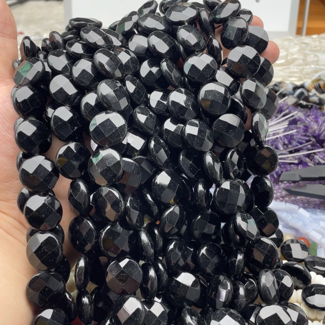 合金玛瑙/玉髓珠宝半成品一条装黑玛瑙切面圆饼卡17+mm