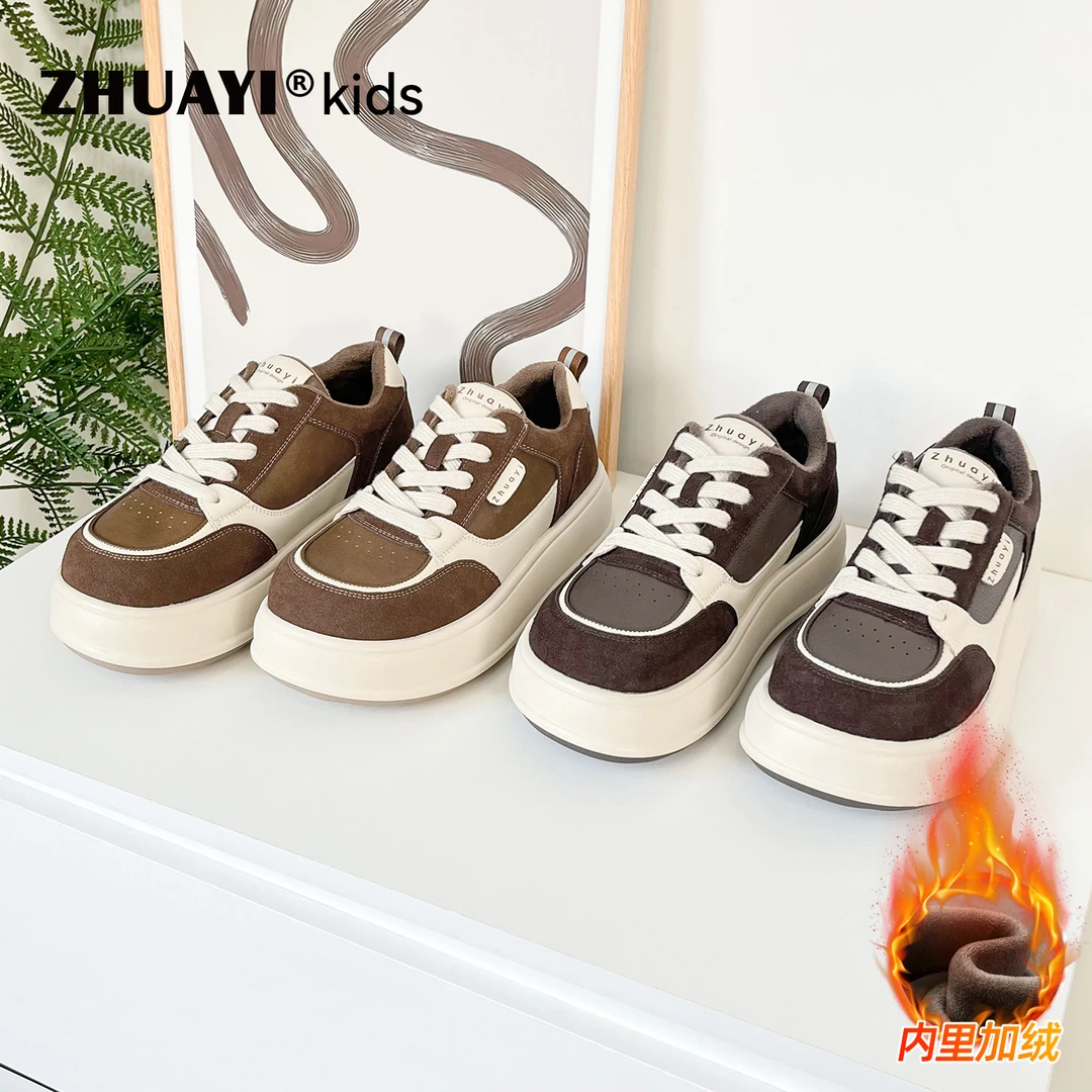 踩屎感加绒真皮休闲鞋女款2025新款冬季百搭厚底保暖（25420306）1