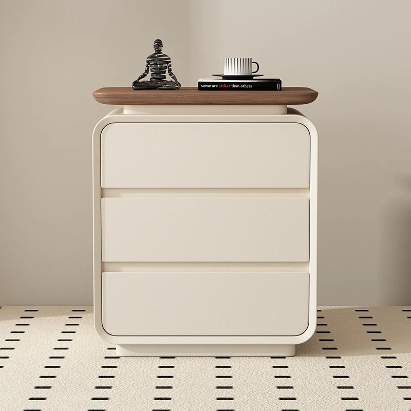 简约现代全实木床头柜皮质高级感三抽卧室轻奢奶油风小户型床边柜