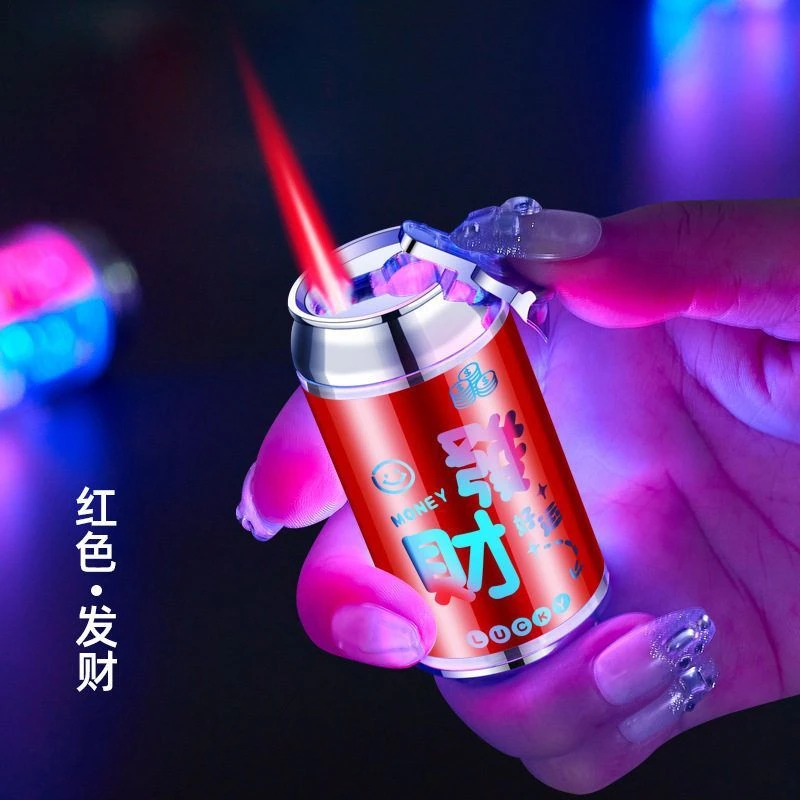 迷你精致易拉罐造型防风打火机粉色火焰透明机身发光带灯图案创意