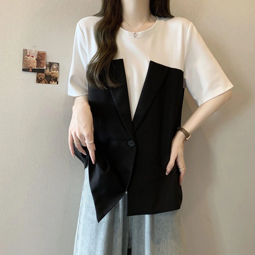 假两件拼接短袖恤女夏款大码胖显瘦遮肚不规则高级感上衣