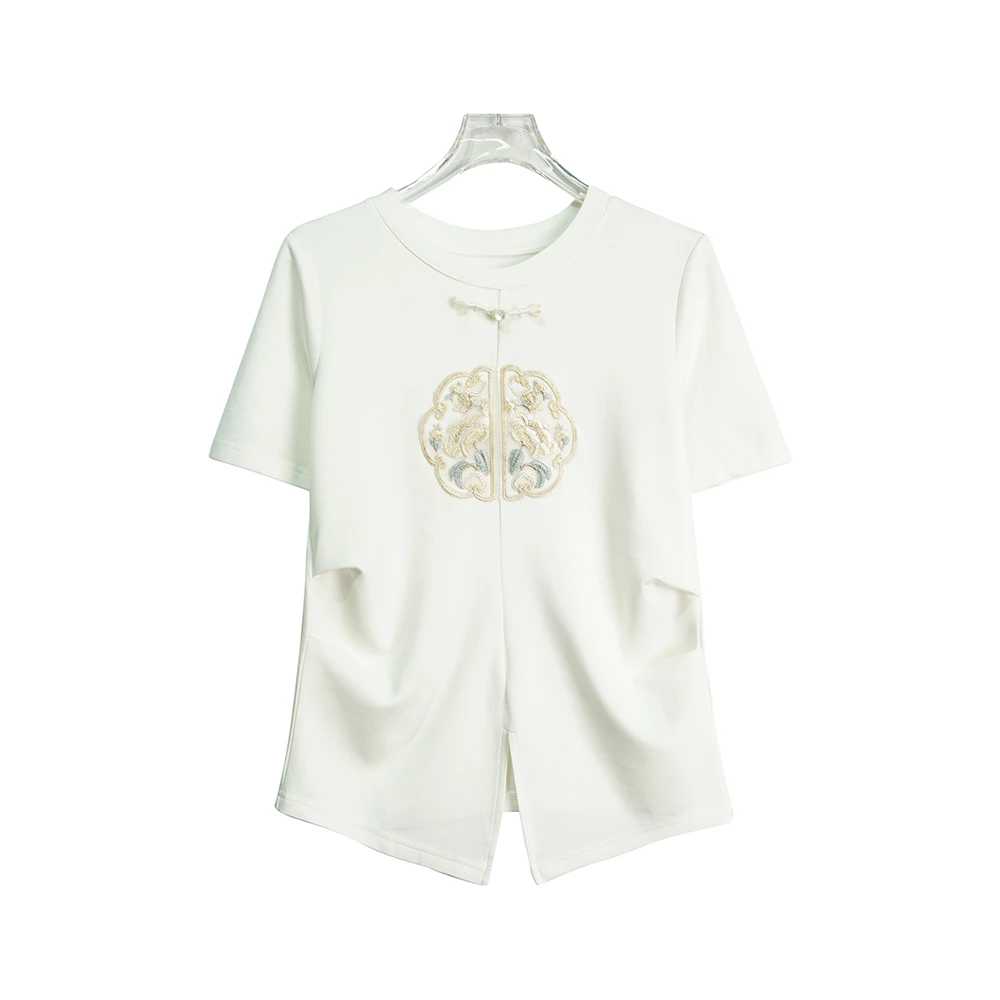 法式高级感盘扣中式刺绣短款T恤X26211