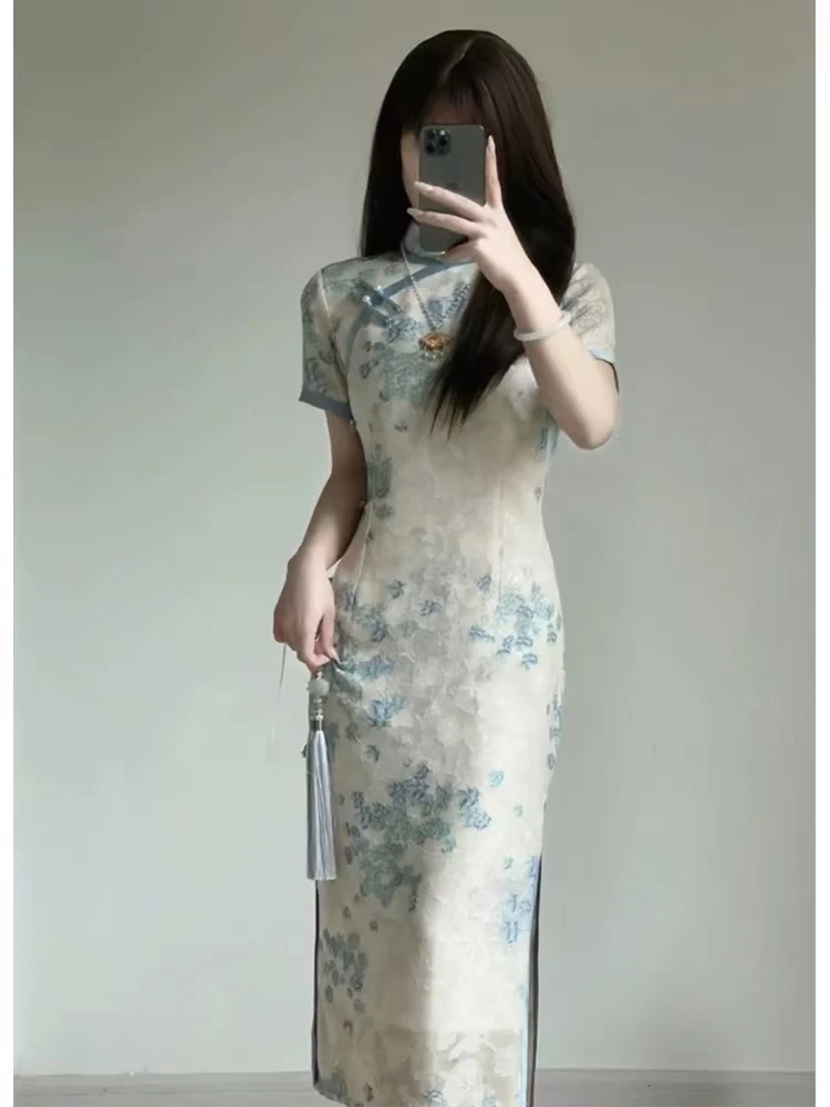 0208 米色 蓝花 宽边 八扣【蓝幽】  旗袍