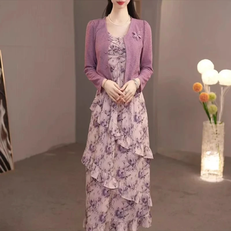 靓锦小香风开衫套装裙女2025新款秋装显瘦减龄碎花连衣裙两件套潮