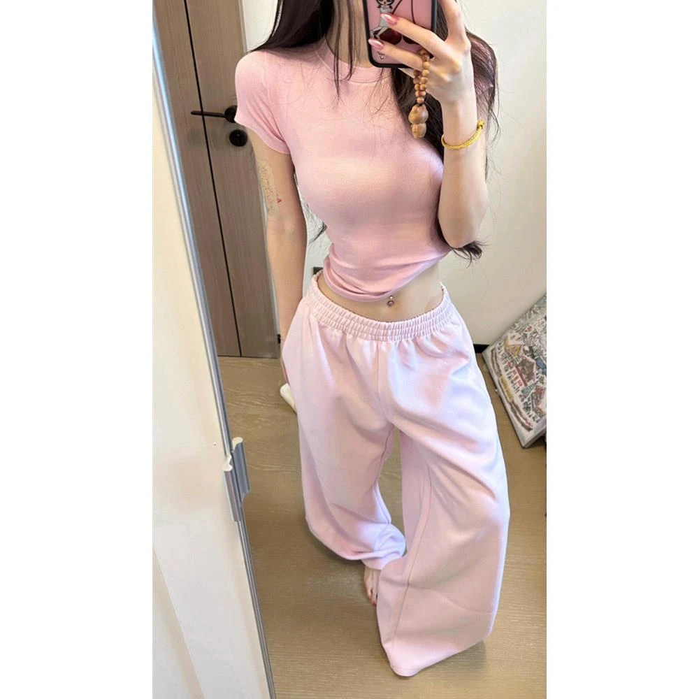 粉紫色无抽绳卫裤女夏季新款时髦个性高腰气质显瘦休闲阔腿裤