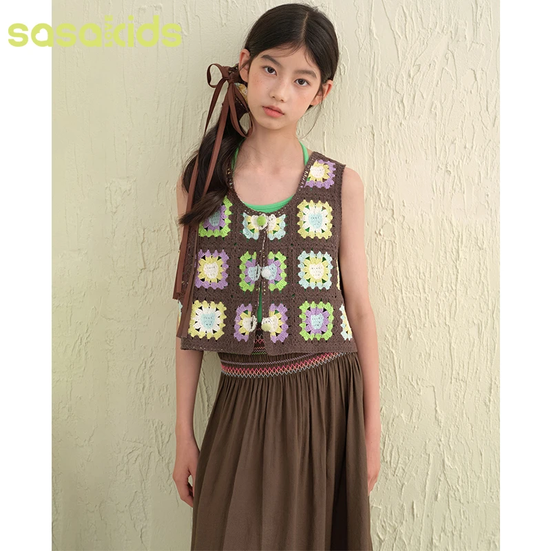 sasakids【油画收集册】手钩方格镂空撞色绣花背心马甲可叠穿外套