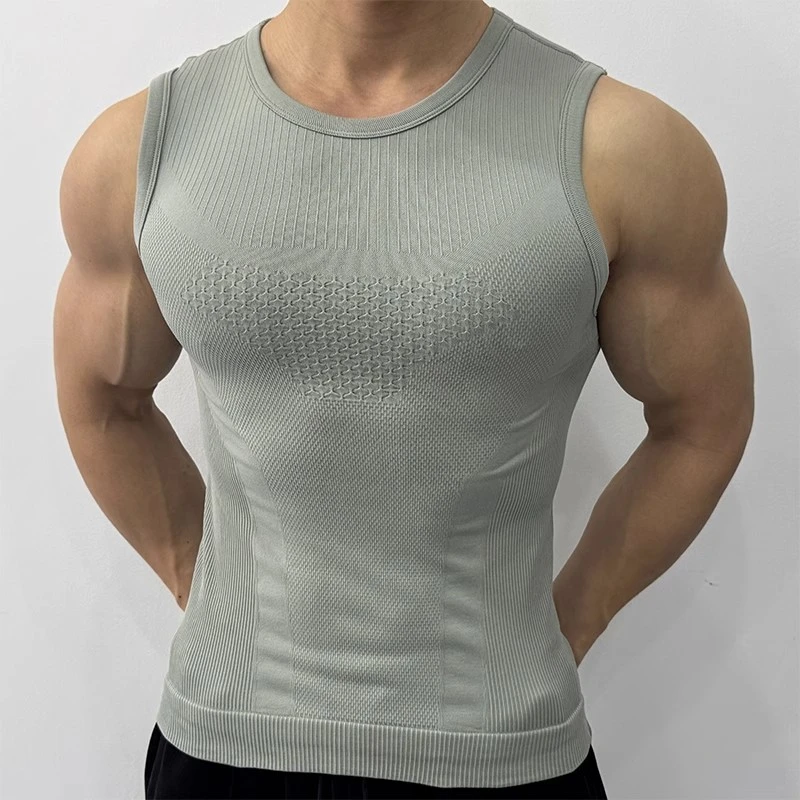 无缝紧身无袖男弹力显大运动背心跑步健身训练坎肩塑身上衣打底衫
