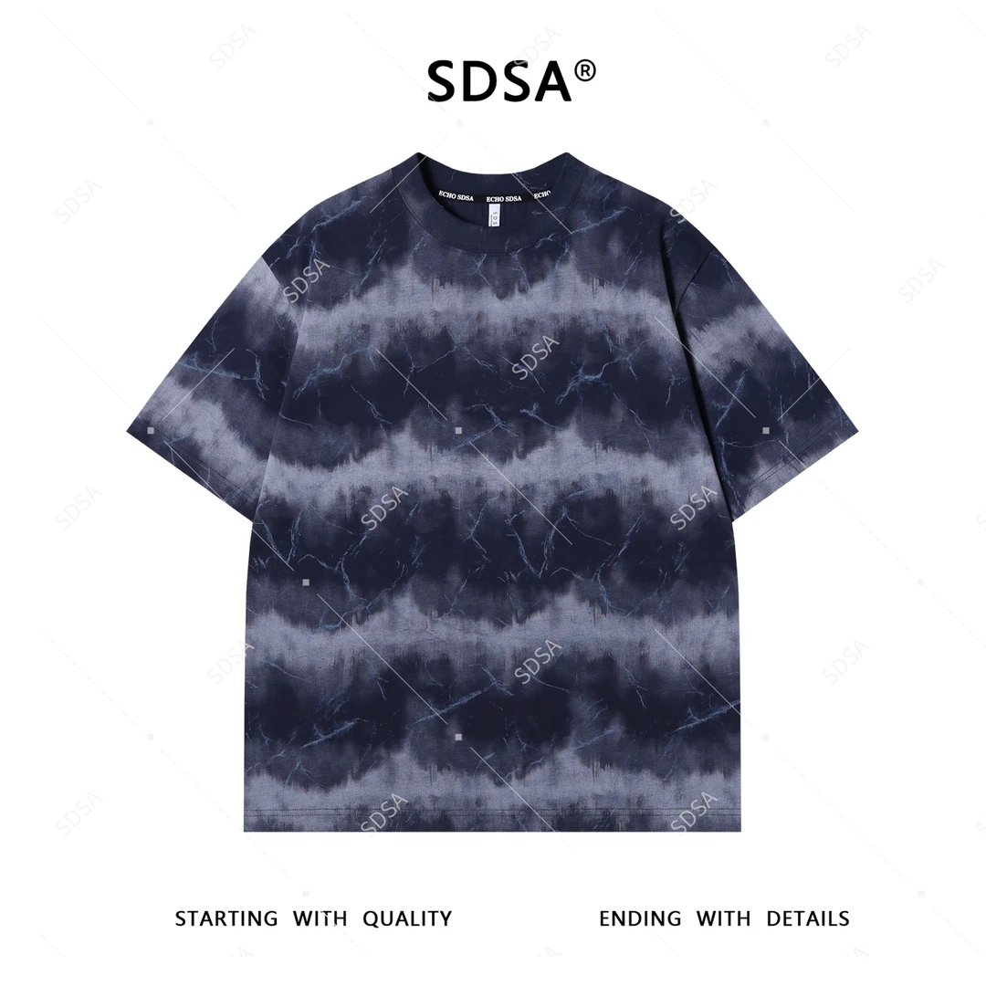 SDSA男士短袖t恤2025新款轻痞帅男装渐变条纹印花圆领上衣复古