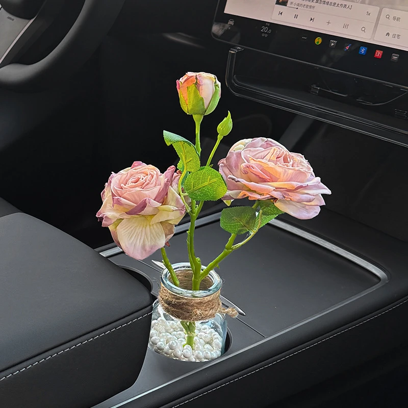 新款治愈系法式仿真玫瑰花束汽车摆件车内水杯槽架车载花瓶装饰品