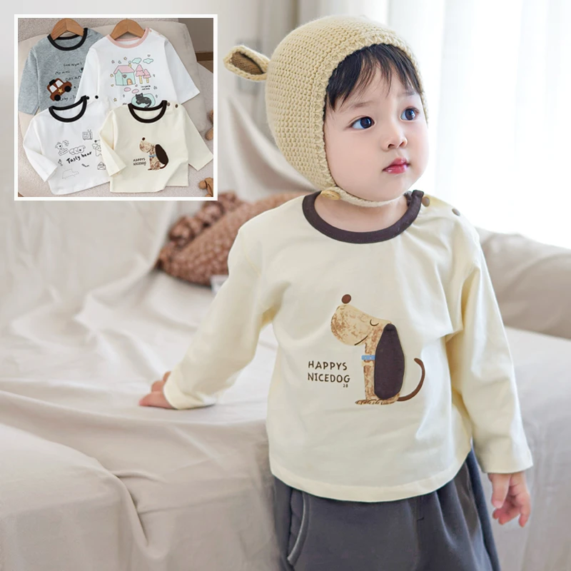 男女儿童长袖打底衫宝宝纯棉卡通T恤春秋季棉毛衫a类圆领上衣肩扣