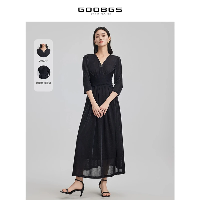 【谷邦L+】谷邦GOOBGS 黑色V领收腰连衣裙 G3241091
