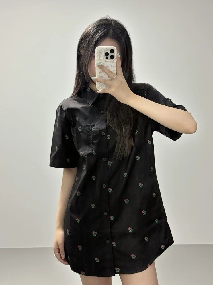 咕噜lu整单链接外贸衬衫休闲风长款家居服宽松玫瑰印花常规情侣款