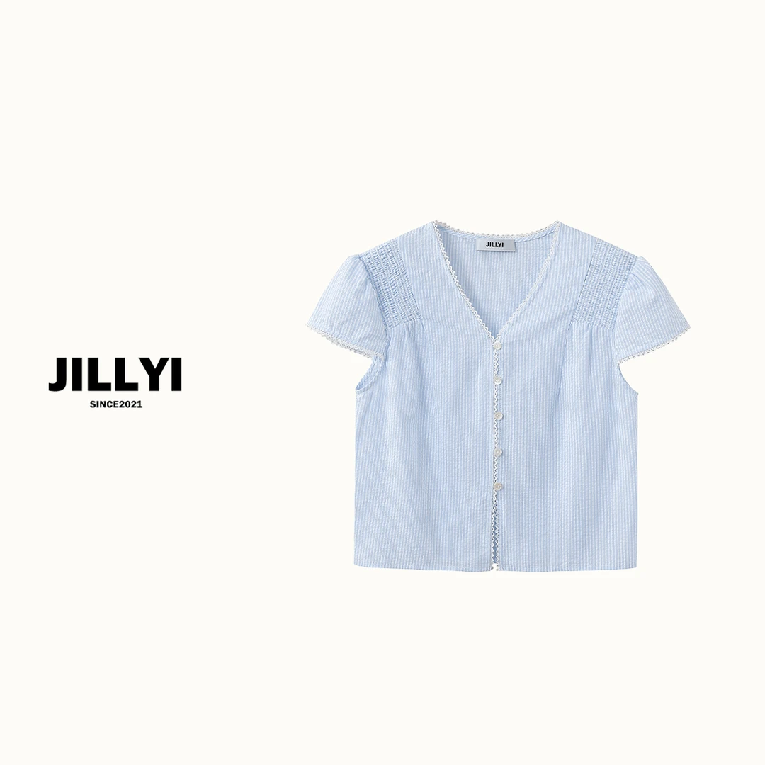 JILLYI珠海店【冰川海浪】天蓝色V领蕾丝拼接小心机时尚百搭衬衫