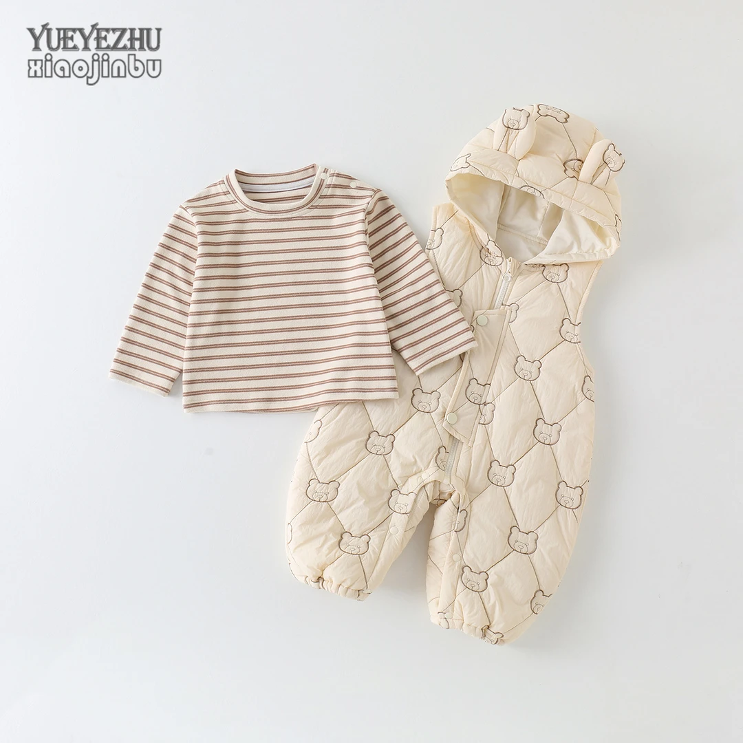 男宝宝衣服秋冬夹棉背带裤套装婴幼儿衣服初冬韩版条纹薄棉两件套
