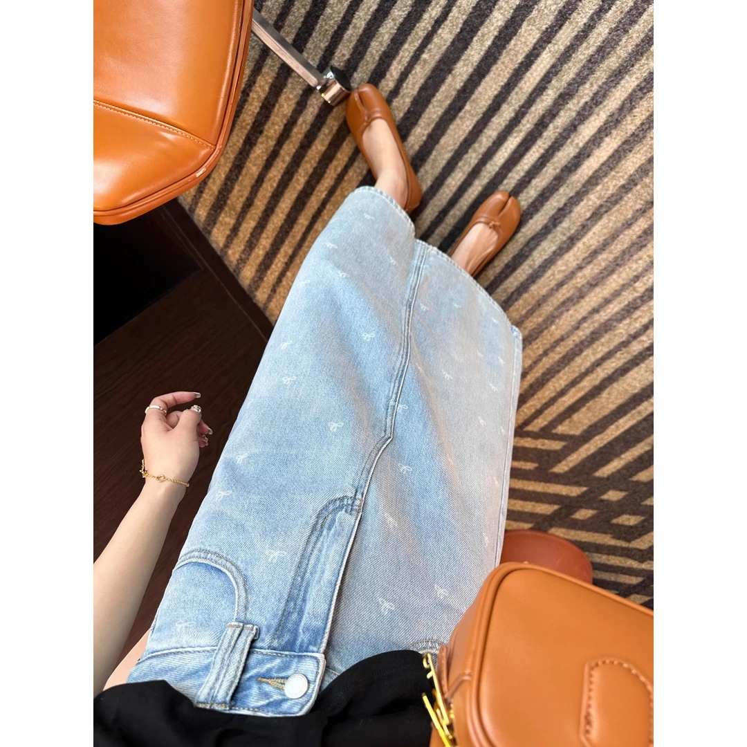 时髦蝴蝶结牛仔半身裙女夏季薄款大码胖mm气质遮胯高腰A字中长裙