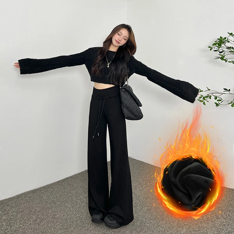 运动裤女款加绒2025新款爆款微喇阔腿裤子高腰显瘦直筒喇叭卫裤子