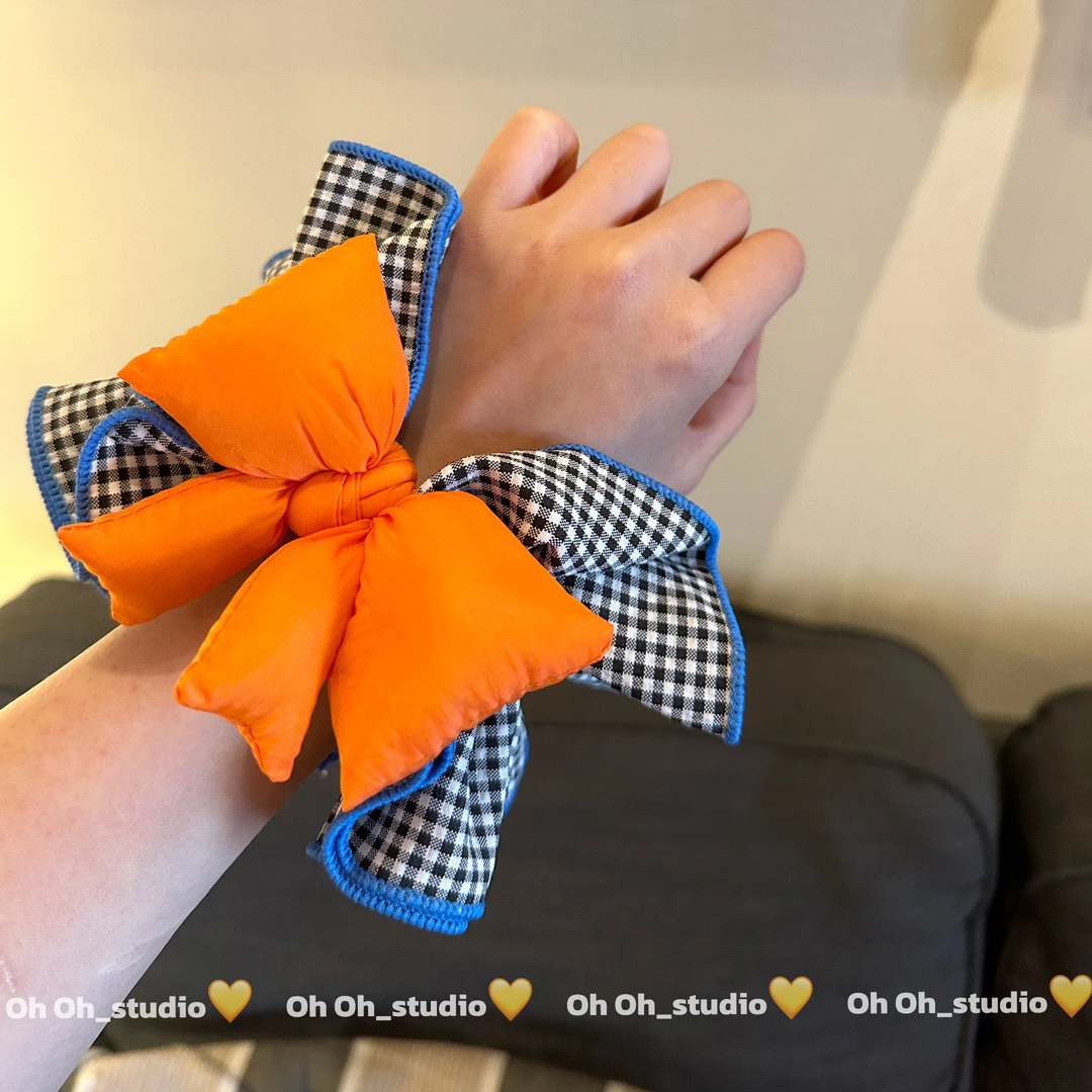 【韩国】蓝格子橘色充棉蝴蝶结超大发圈小红书博主同款可爱少女