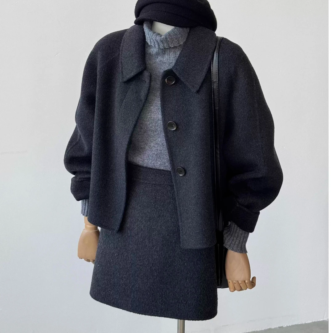 Bonrgo冬装搭配大码胖mm毛呢外套短裙韩系高级气质通勤三件套装女