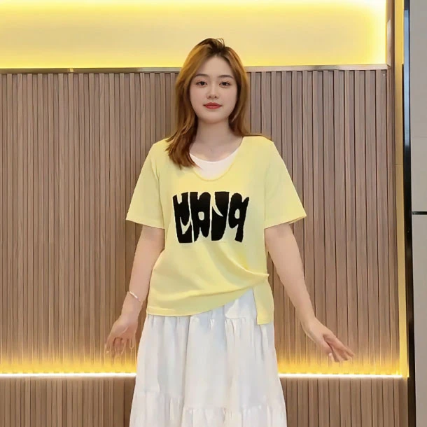 【8751桃】大码女装胖mm夏季百搭假两件短袖T恤设计感不规则上衣