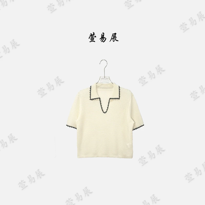 萱易展-“白茶”精致时尚镂空针织撞色翻领短袖上衣Y-7729
