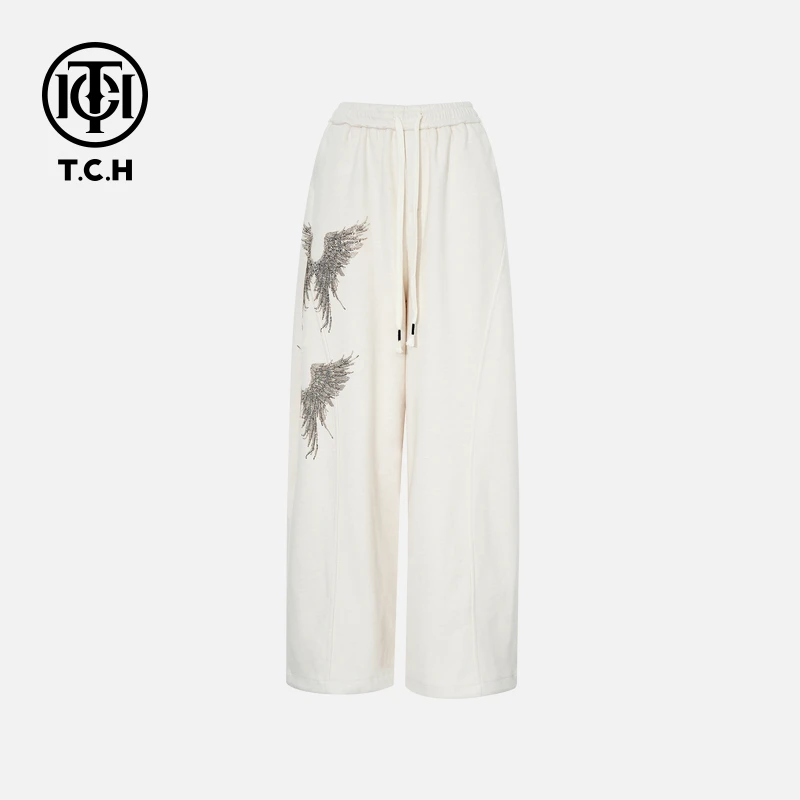 TCH私服秋冬慵懒风烫钻时尚淑女米色休闲裤女T75D20E1051轻奢tch