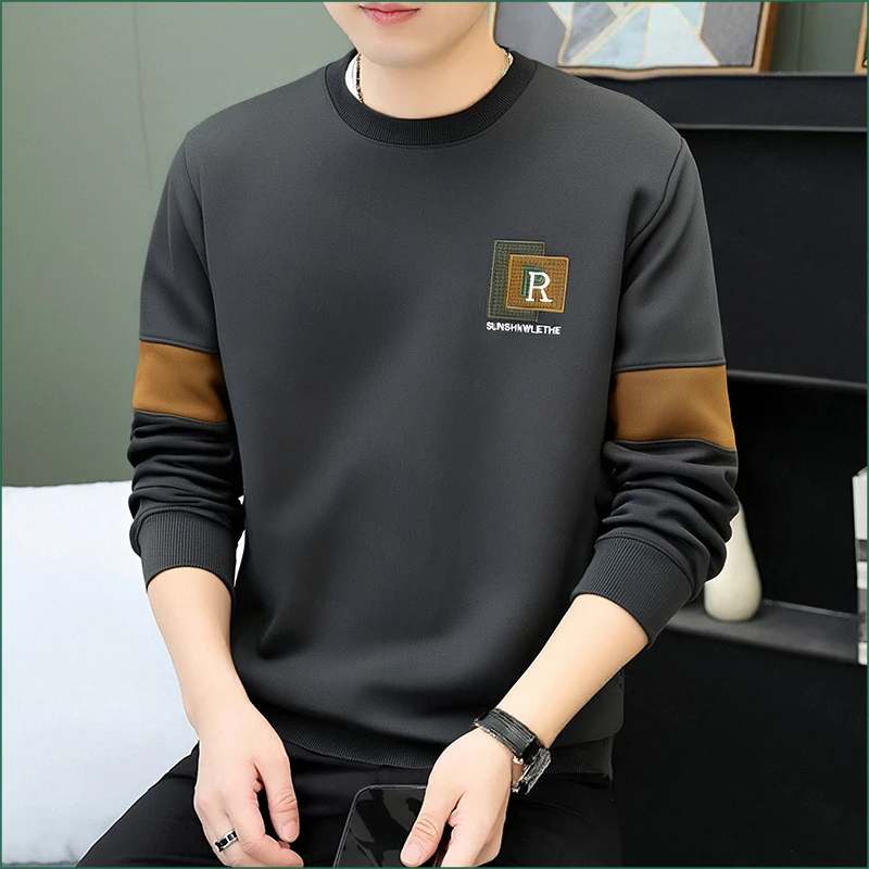 圆领卫衣男宽松休闲潮牌刺绣拼接男款上衣2025新款秋装套头打底衫
