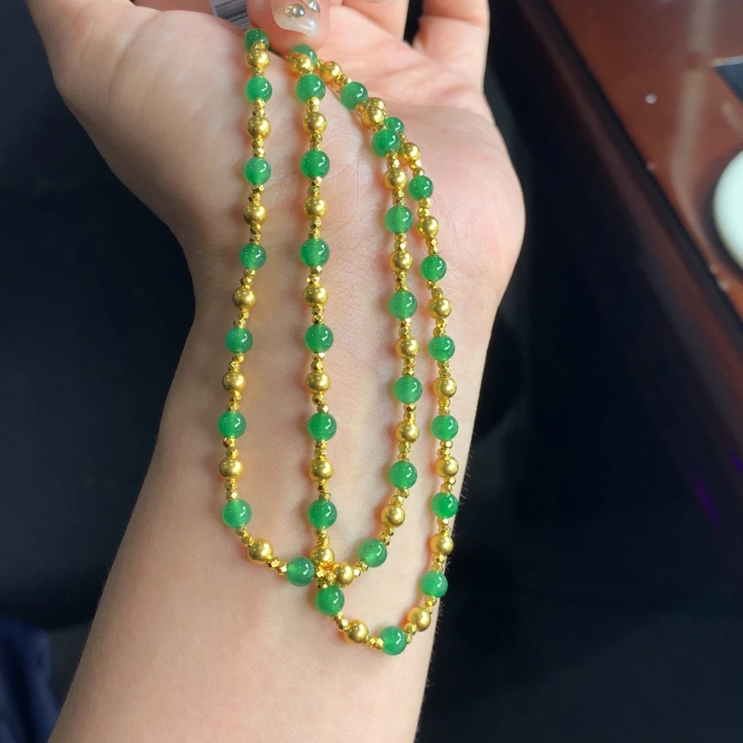 翡翠未镶嵌手链冰阳绿金玉满堂～古法黄金