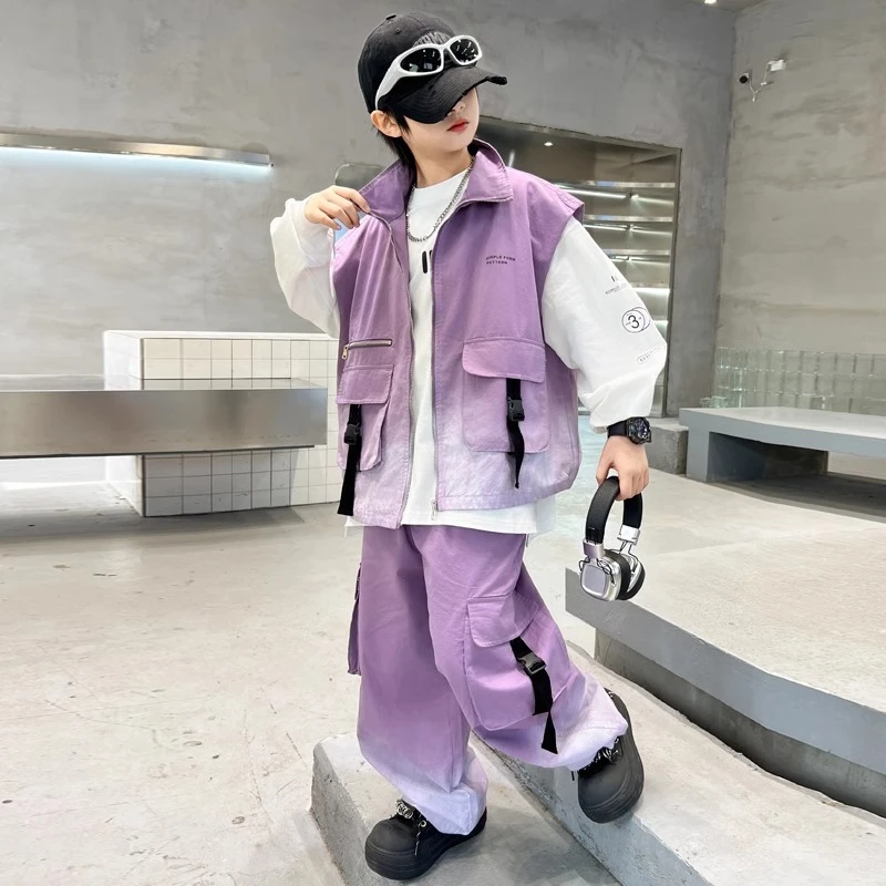 男童秋装套装2025新款中大童秋款工装马甲三件套秋季儿童春秋款潮